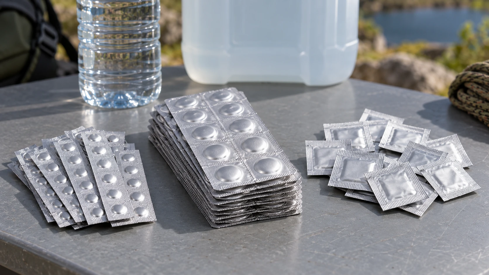 Small silver blister strips, a larger stack of foil tablet strips and individual sealed foil sachets on a grey table, with water containers behind