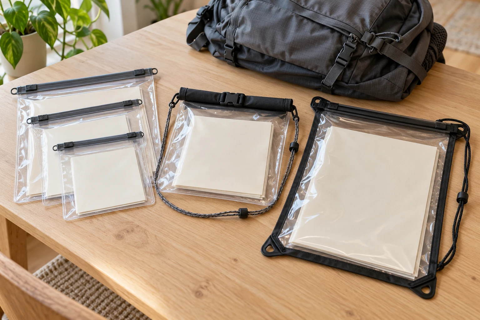 Three thin transparent document sleeves, a square roll-top map pouch and a larger black-bordered clear case beside a grey backpack and blank papers.