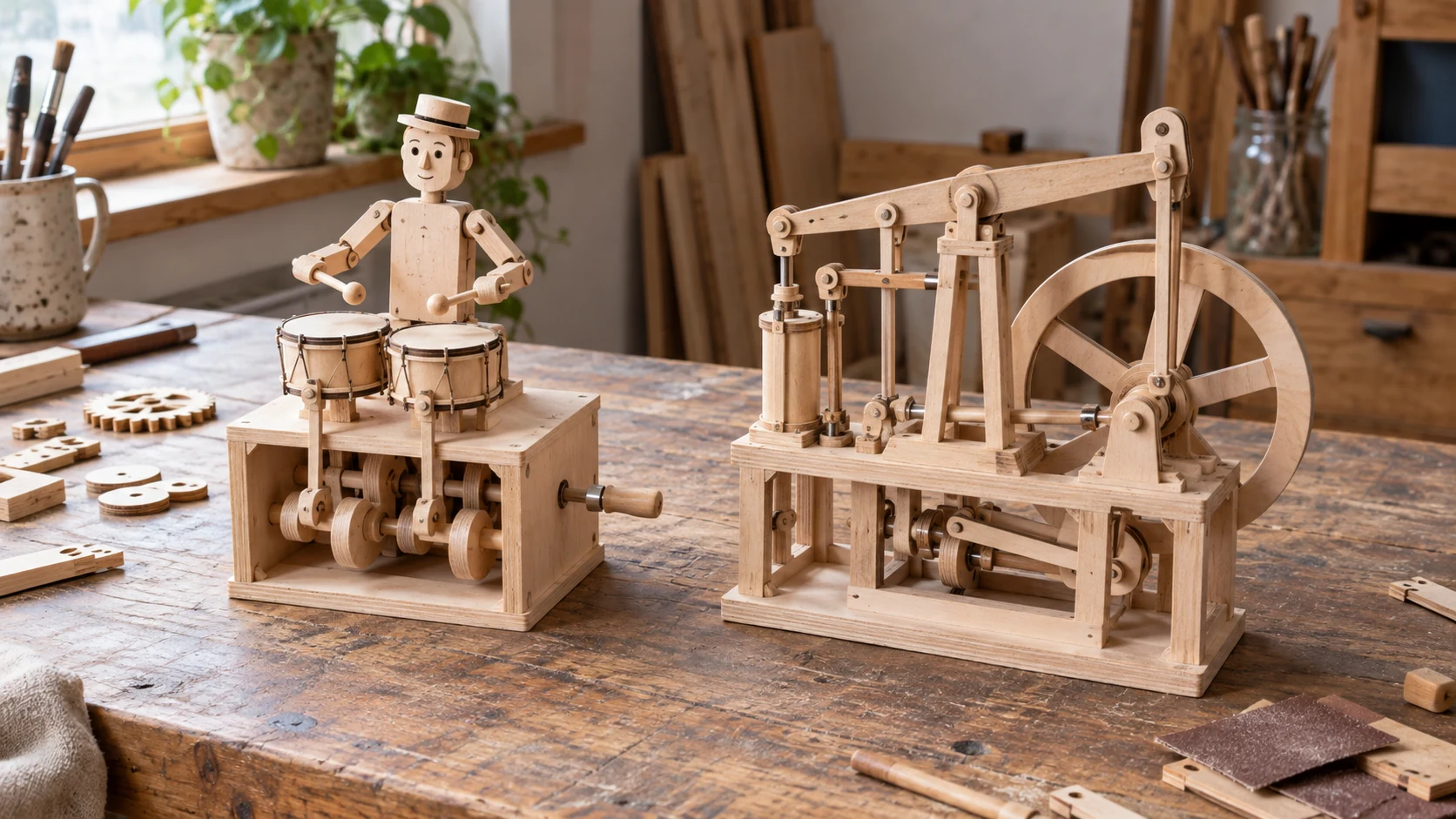 A hand-cranked wooden drummer automaton and a wooden beam-engine model with exposed linkages on a craft workbench