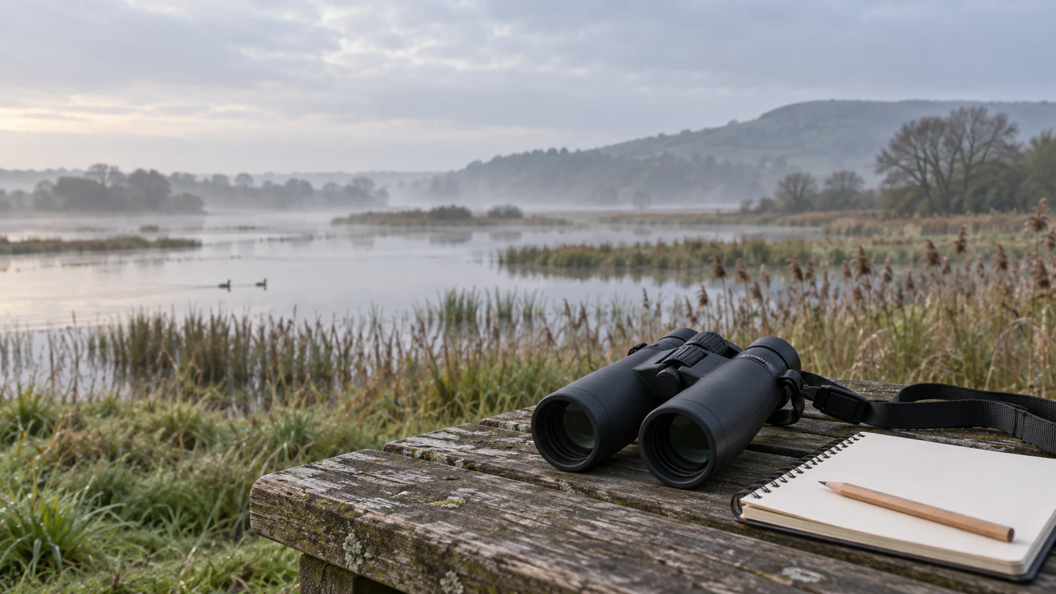 Unbranded black 8 × 42 binoculars and a field notebook on a wooden bench overlooking a misty British wetland with distant birds