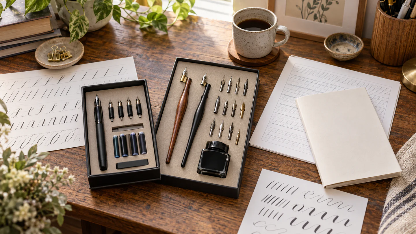 Cartridge calligraphy pens, dip-pen holders, assorted nibs, black ink and practice sheets on a writing desk