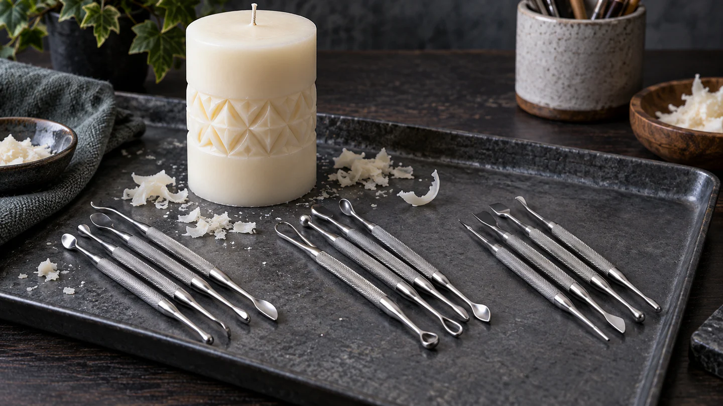 Three sets of double-ended wax carving tools beside an unlit ivory pillar candle with a shallow carved band
