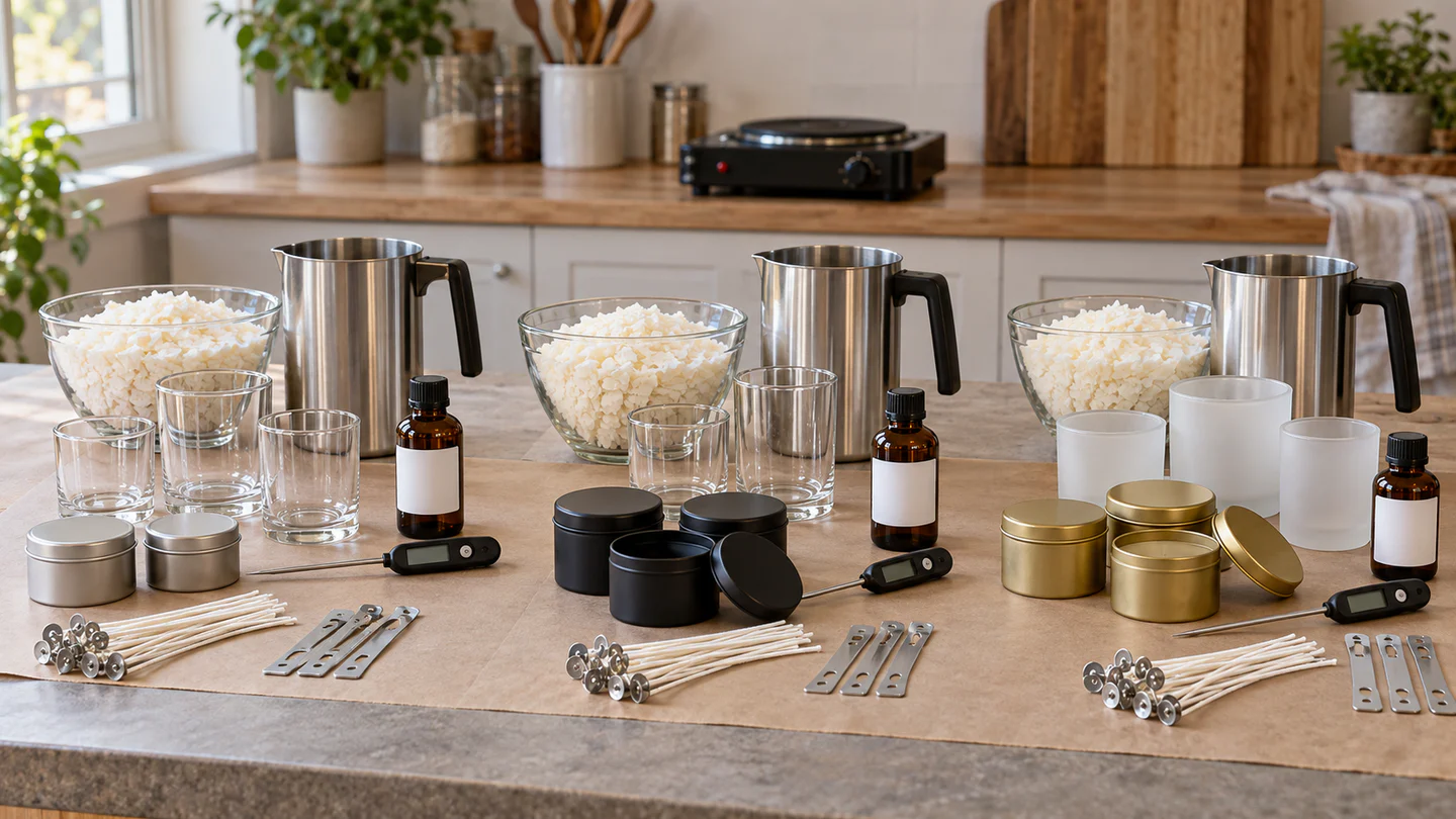 Soy wax, a pouring jug, thermometer, cotton wicks, centring bars and plain candle containers arranged on a heatproof craft table