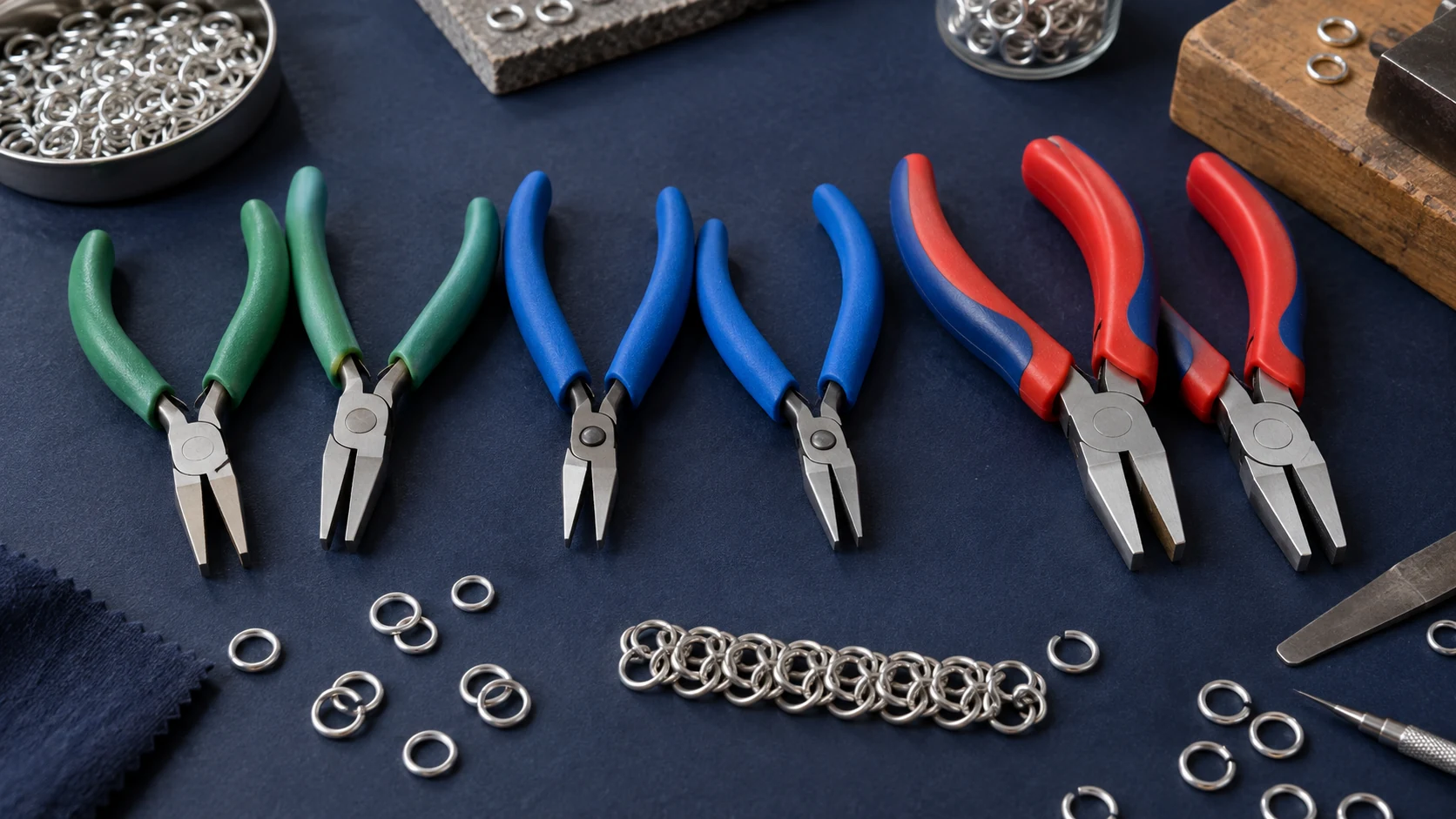 Three pairs of smooth-jaw jewellery pliers with green, blue and red-and-blue handles arranged on a navy work mat with aluminium jump rings and a small chainmaille sample
