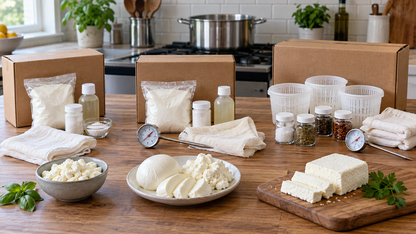 Three home cheese-making kit setups with muslin, thermometers, small bottles, moulds, fresh curds, mozzarella and a paneer-style cheese block
