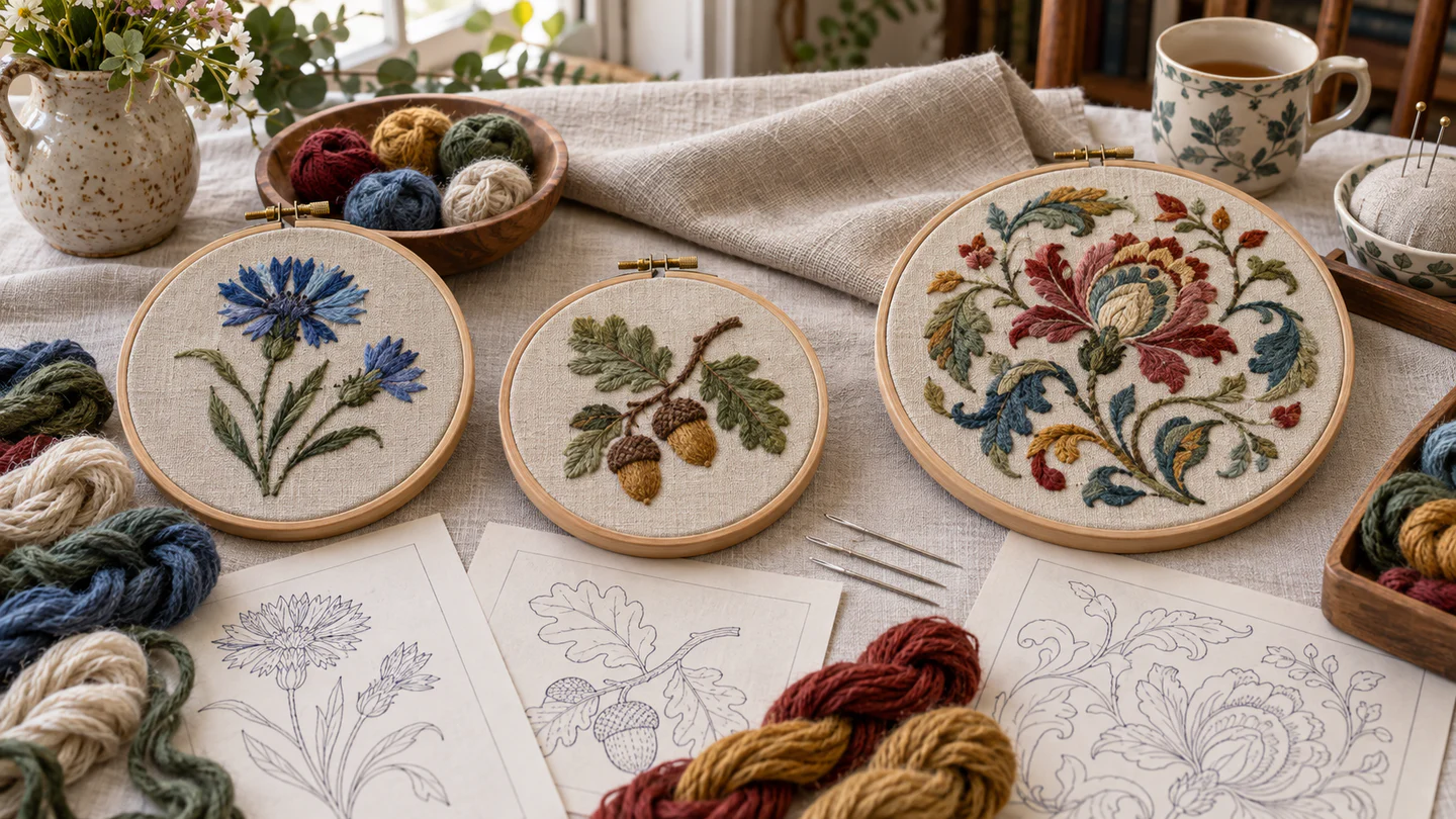 Cornflower, acorn and Jacobean crewel motifs with wool threads, linen fabric, chenille needles and a wooden hoop