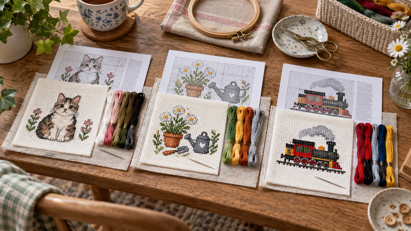 Three small cross-stitch projects with Aida fabric, colourful thread, needles, charts and a wooden hoop on a craft table