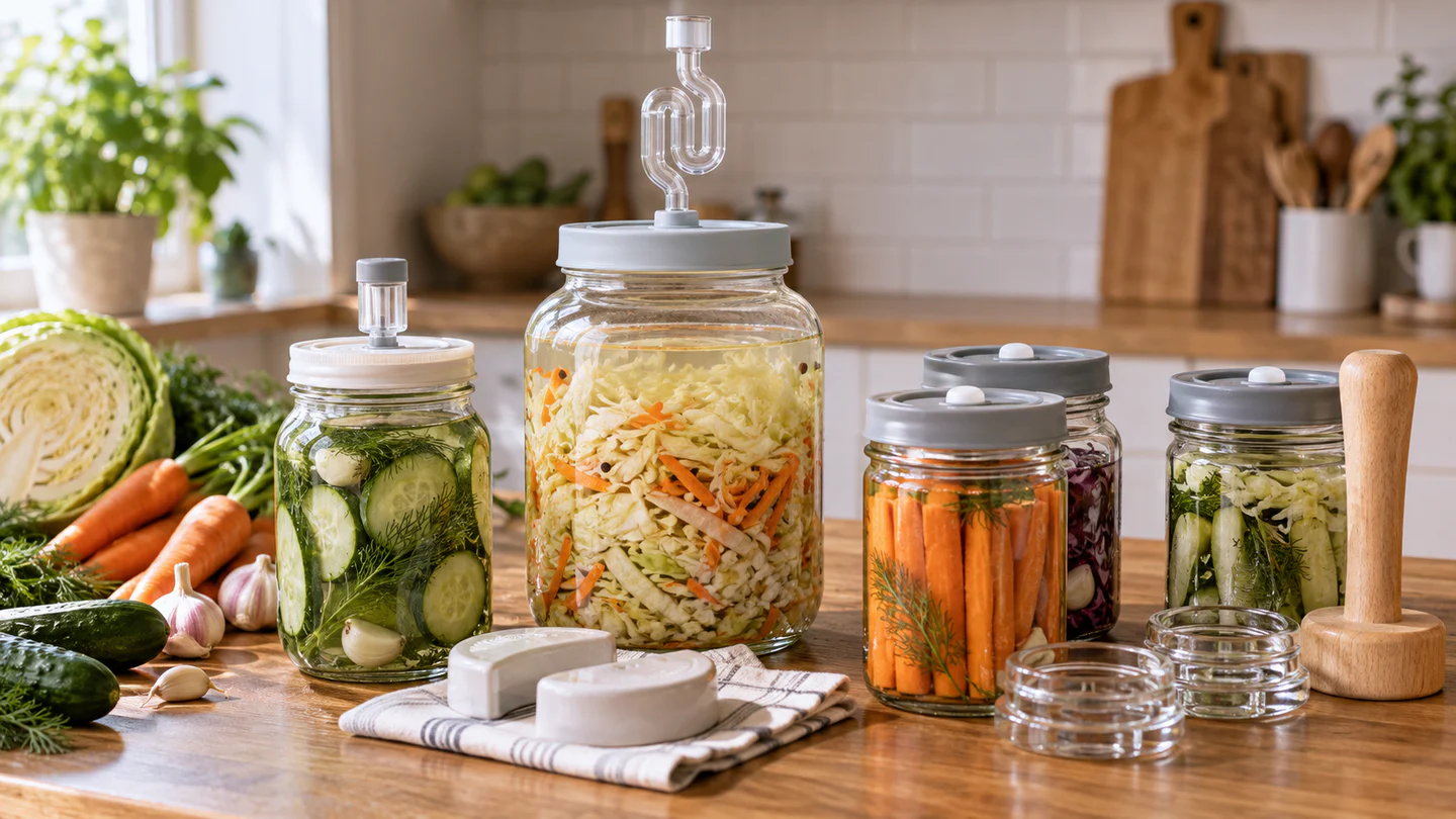 Three glass vegetable-fermentation setups with airlocks, vented lids, ceramic and glass weights, a wooden tamper, cabbage, carrots and cucumbers