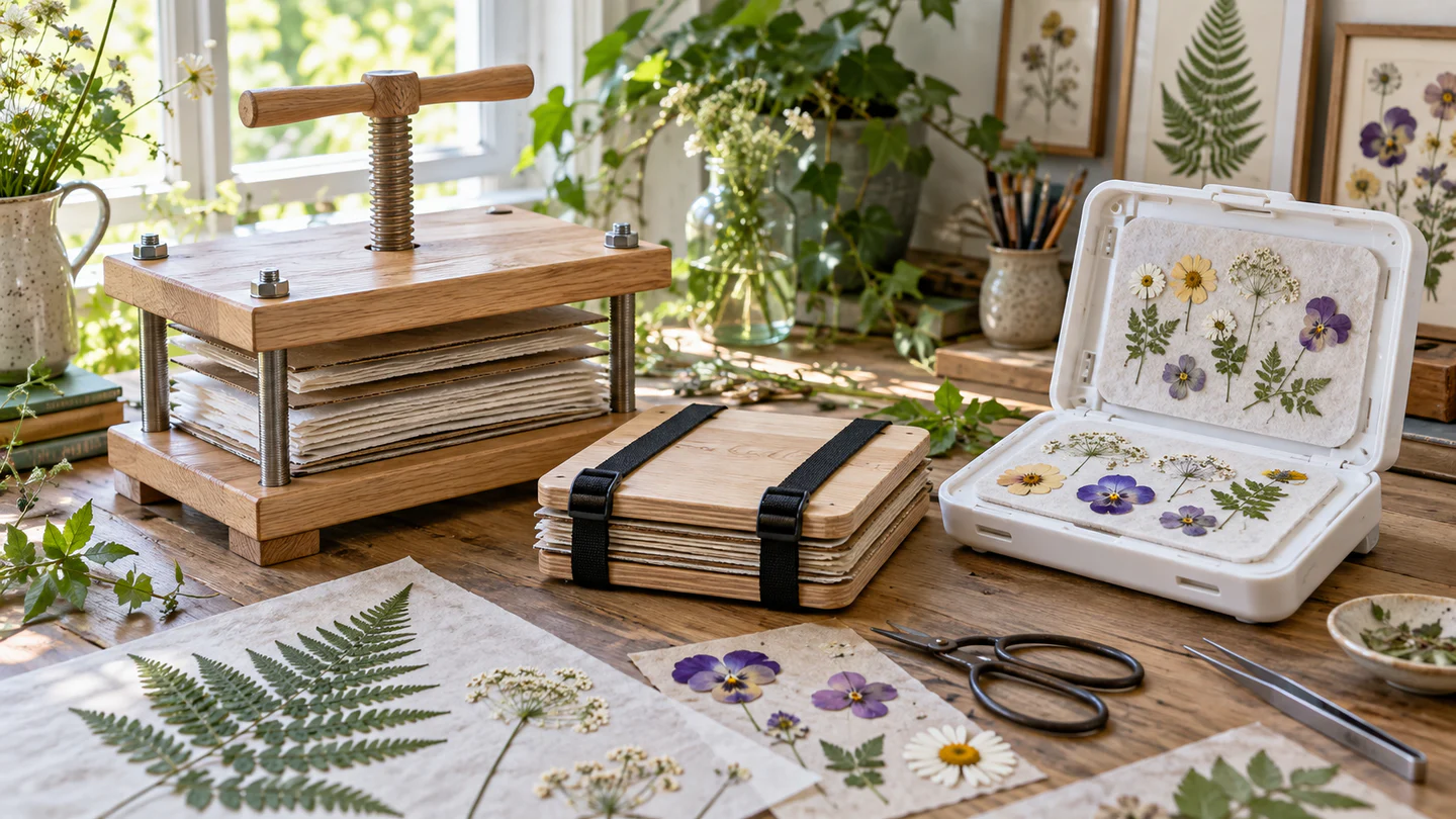 An open microwave flower press and two wooden flower presses with drying papers, ferns and flat pressed flowers on a botanical craft table