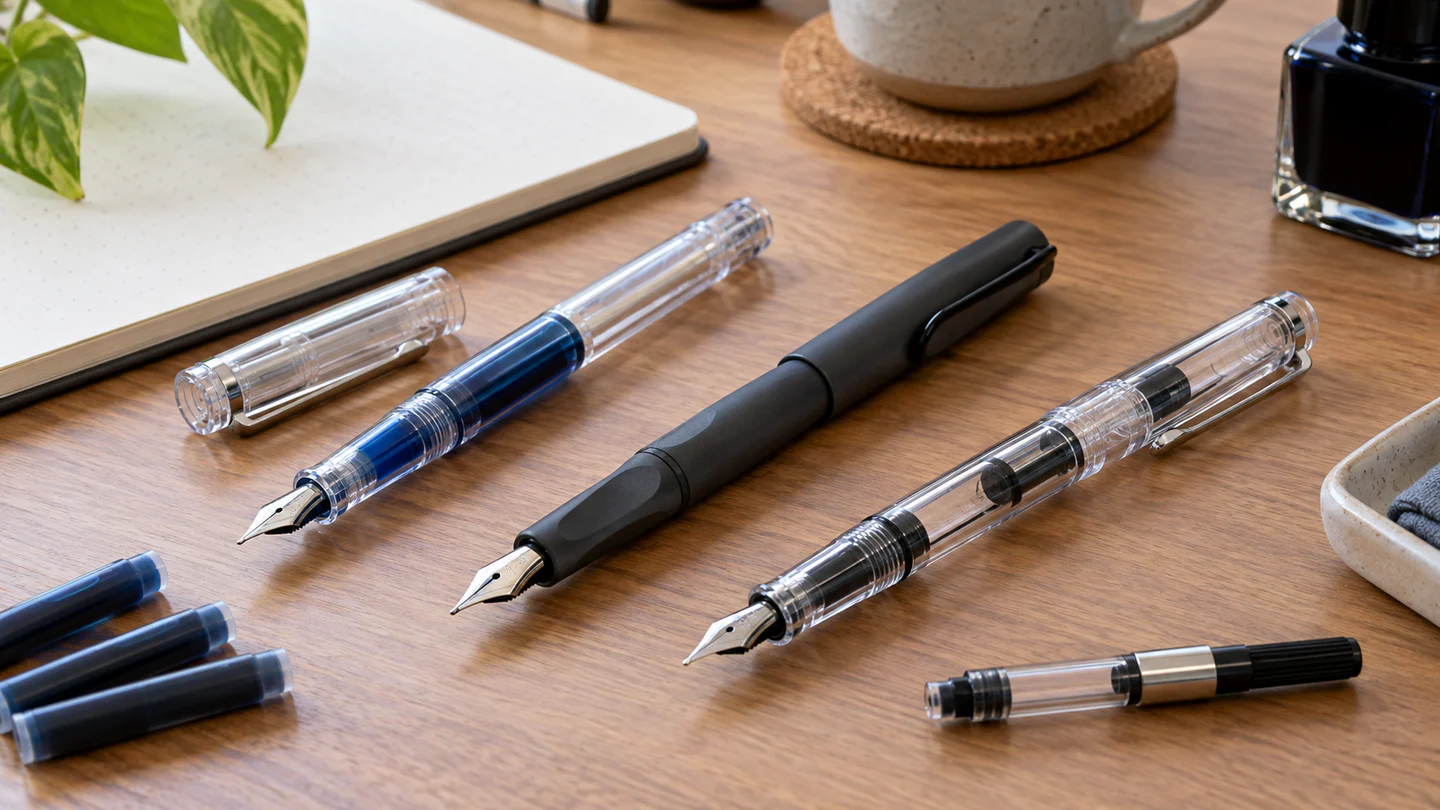 Three beginner fountain pens with visible steel nibs, cartridges and a plain notebook on a writing desk