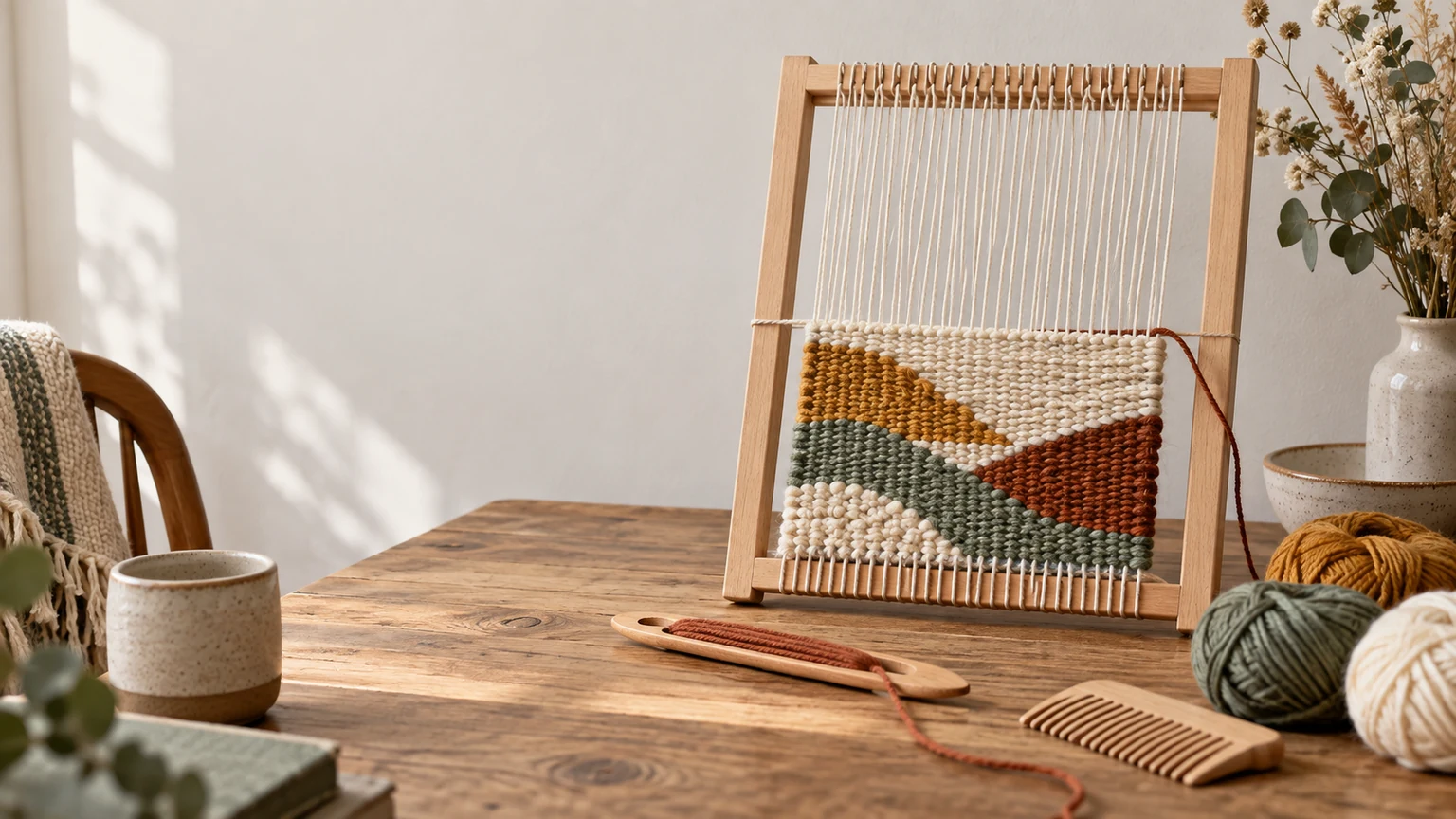 Small wooden frame loom with a partly woven wool tapestry, shuttle, comb and yarn skeins on a calm home craft table