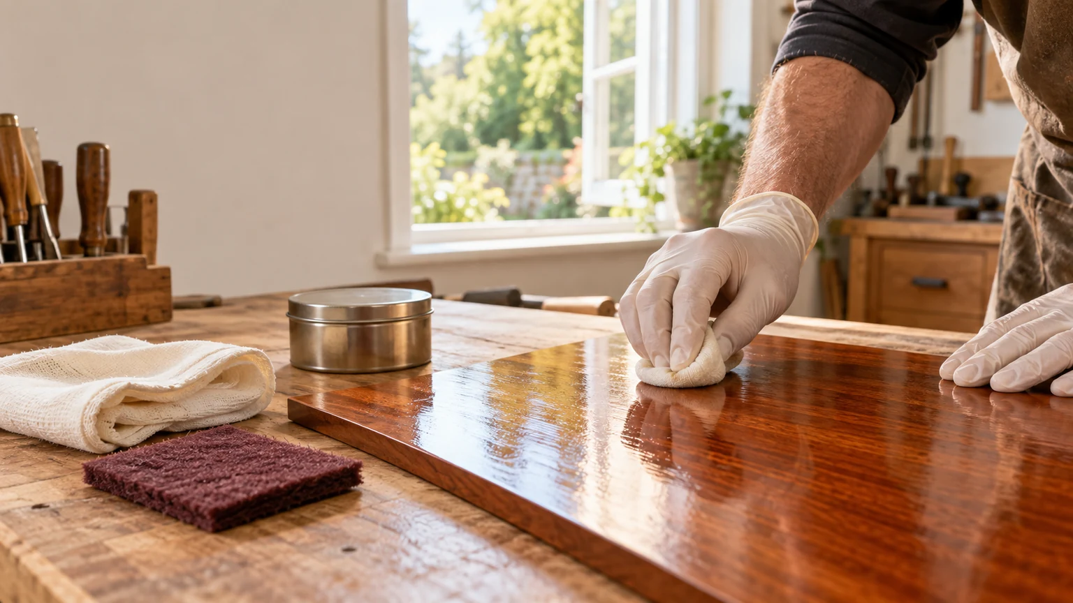Gloved hands using a cotton polishing rubber on a small mahogany practice board beside a tin of shellac polish and fine abrasive pad in a ventilated workshop