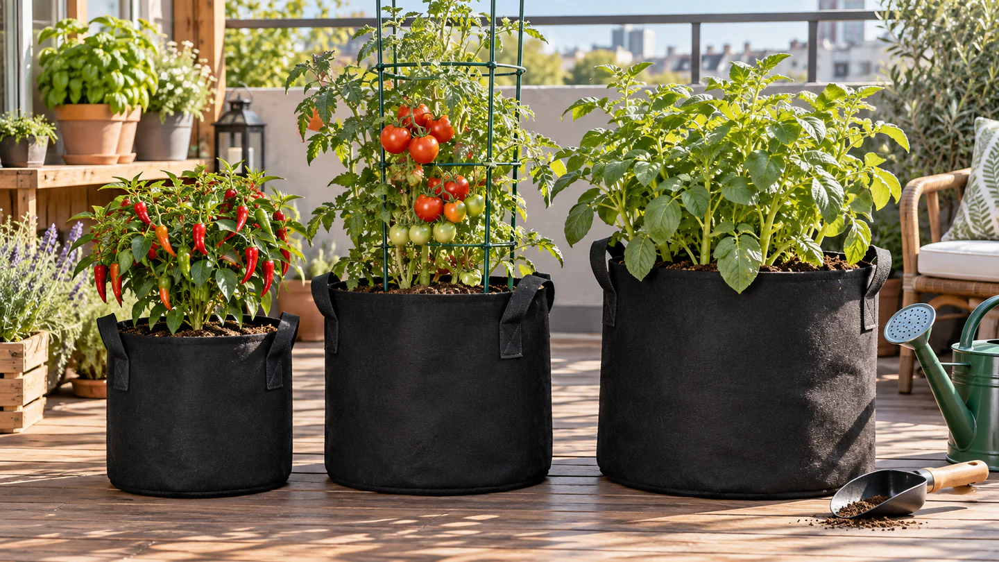 Three black fabric grow bags holding chilli, tomato and potato plants on a sunny balcony