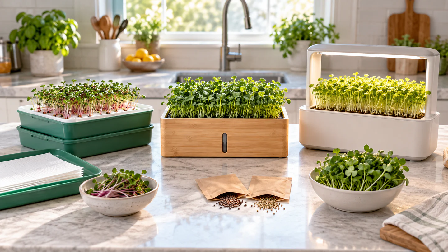 Three countertop microgreen systems with radish and broccoli seedlings, stacked trays, growing papers, seed packets and an integrated white grow light