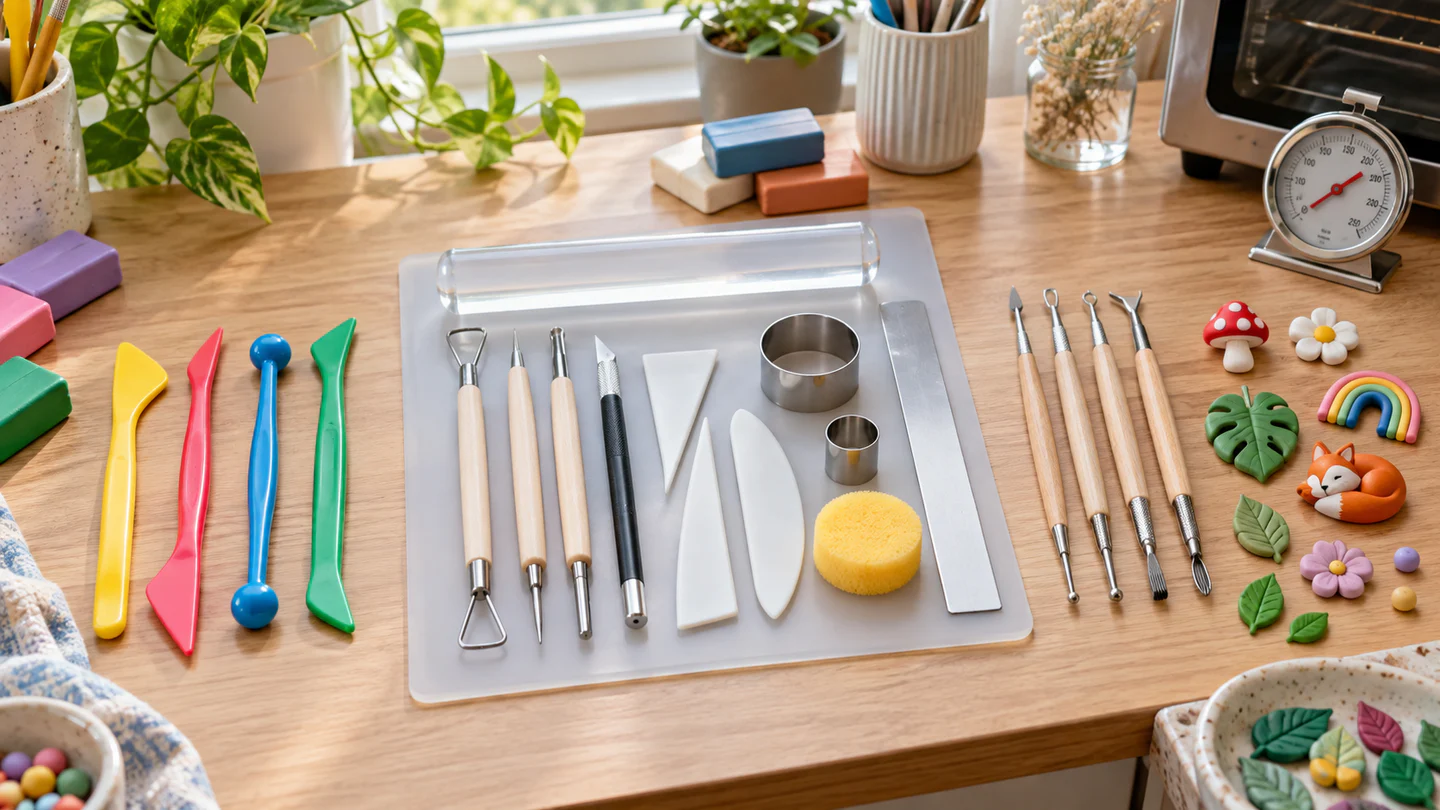 Simple modelling tools, an acrylic roller, cutting blades and fine sculpting tools beside colourful polymer clay charms