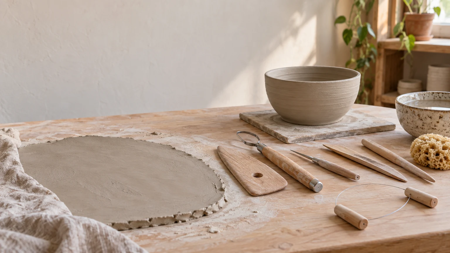 Wooden and metal pottery tools, a sponge and wire cutter arranged beside a small unfinished clay bowl on a clean studio table
