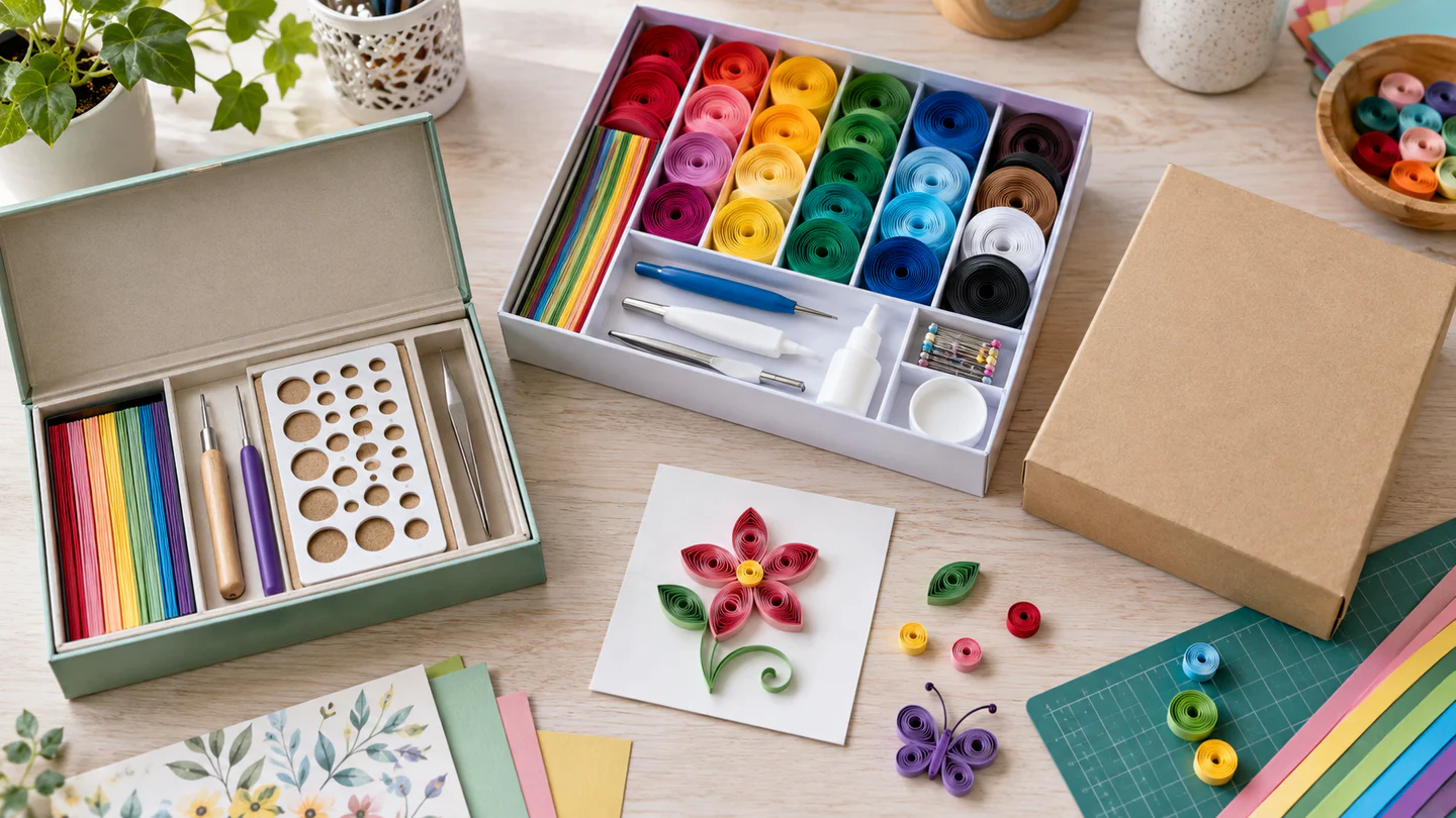 Three paper quilling kits with colourful strips, slotted and needle tools, tweezers, a circle ruler and finished coils on a craft table