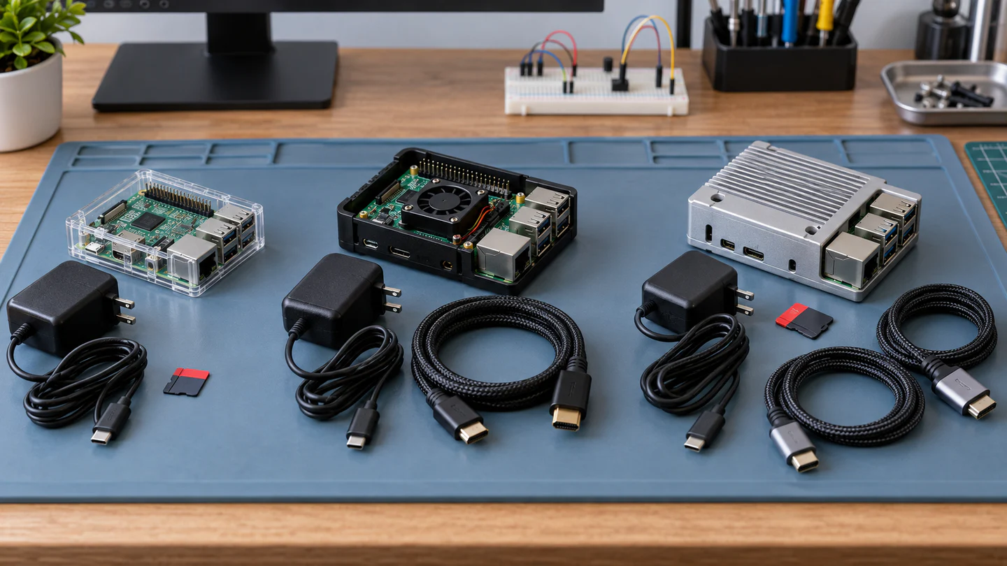 Three compact single-board computer kits in clear, black and aluminium cases with active cooling, power supplies, microSD cards and HDMI cables on an electronics mat