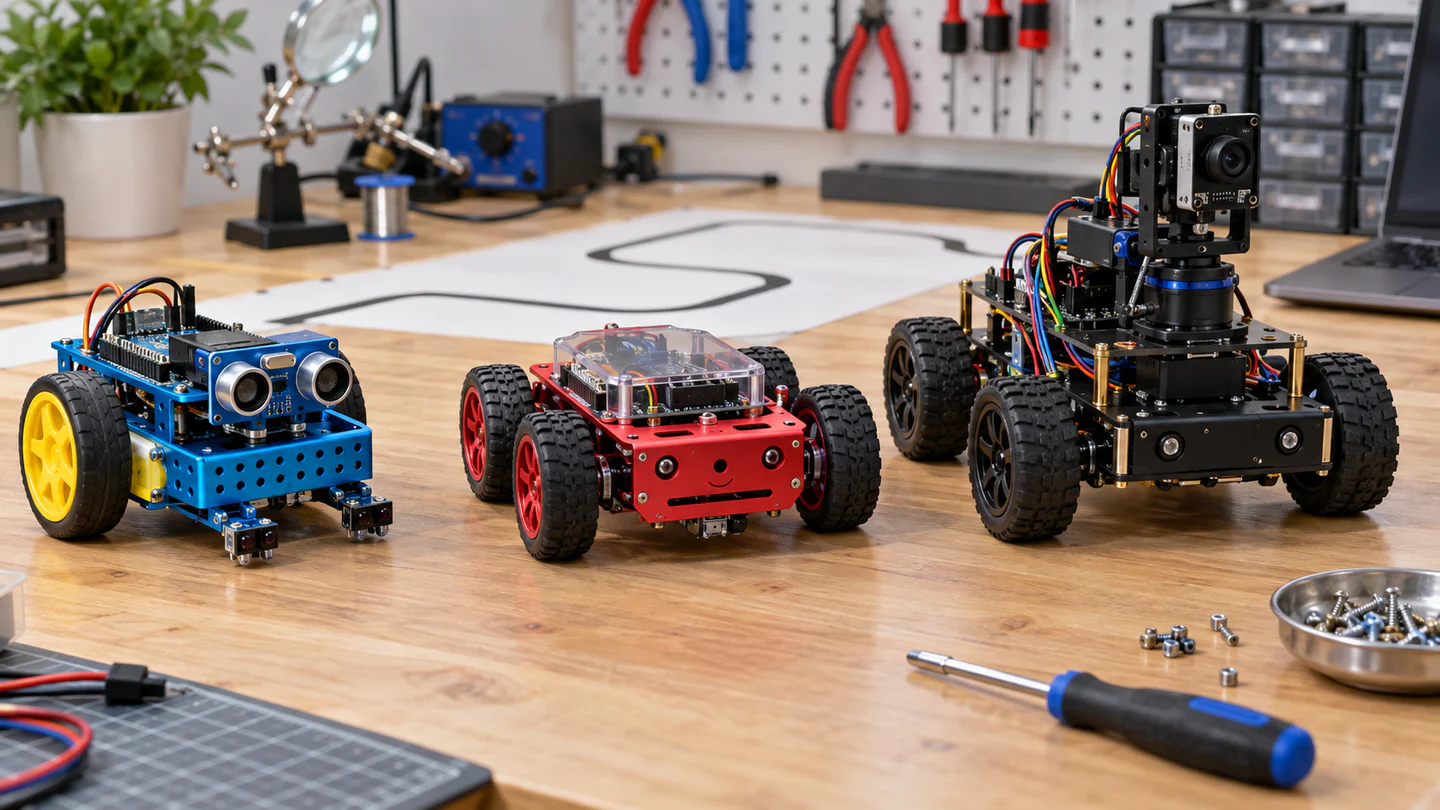 Three assembled wheeled robot kits with metal chassis, ultrasonic and line sensors, a camera module, tidy wiring, screwdriver and spare fasteners on a workbench