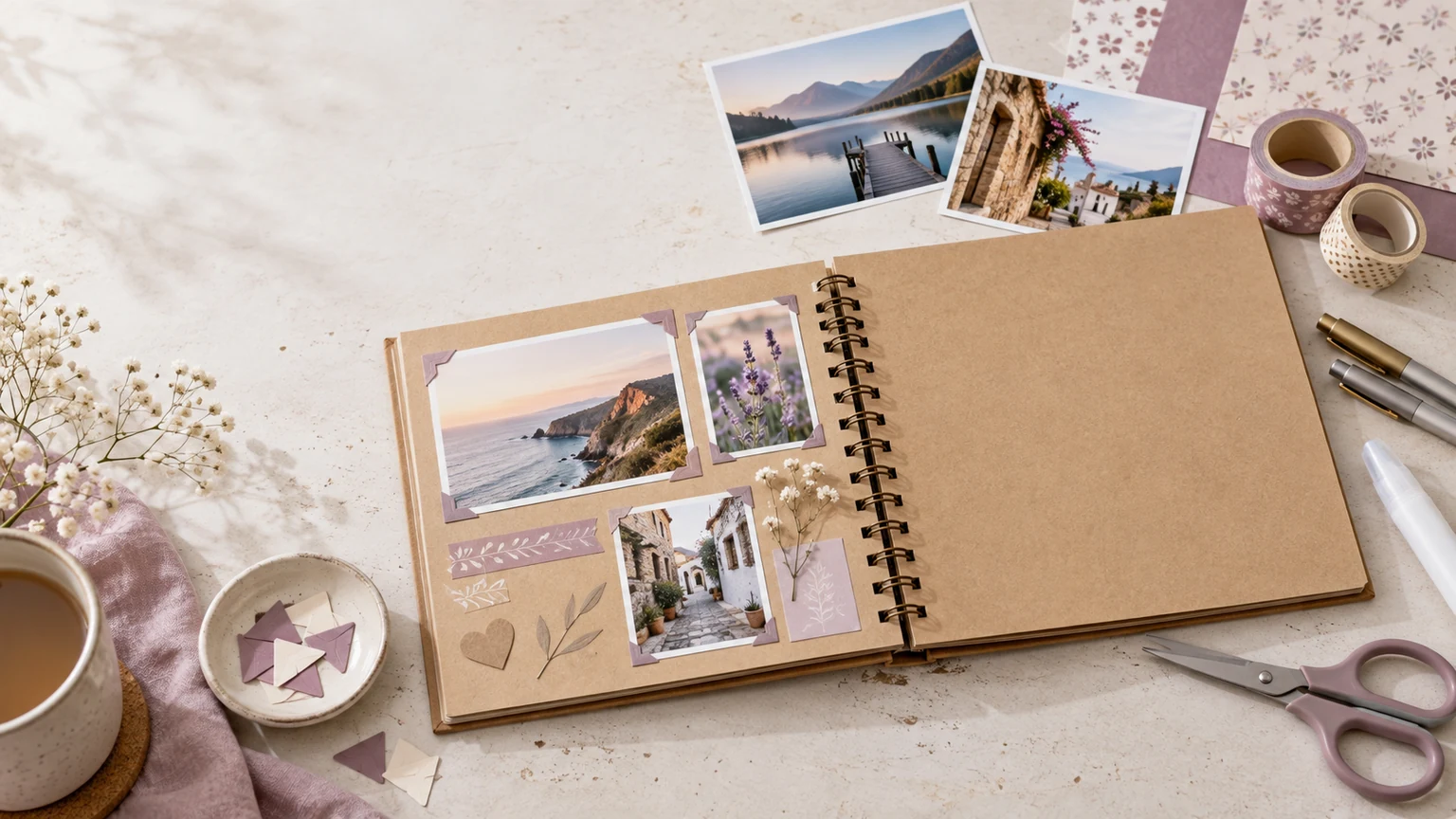 Open scrapbook with mounted photographs, paper corners, patterned paper, scissors, pens and washi tape arranged on a bright craft table