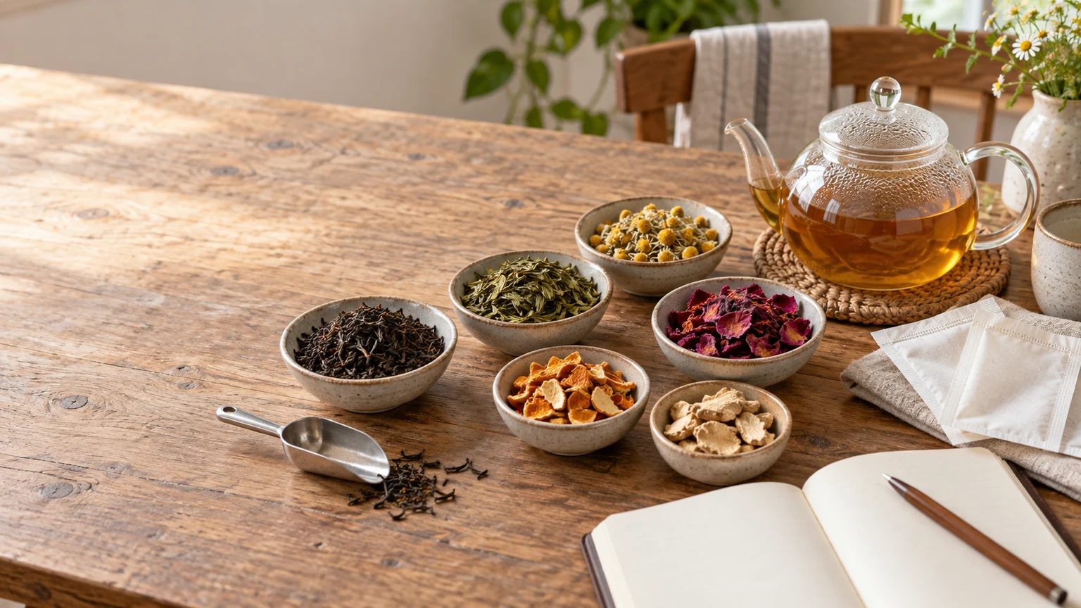Loose black tea, chamomile, rose petals and dried citrus in small bowls beside a scoop, notebook and glass teapot on a kitchen table