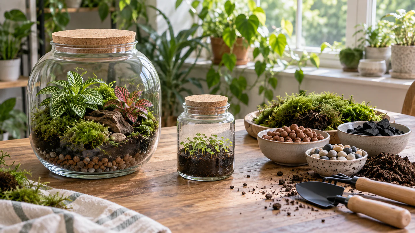 A large planted glass terrarium, a small seed jar, loose moss, clay pebbles, charcoal, stones, soil and hand tools on a wooden table